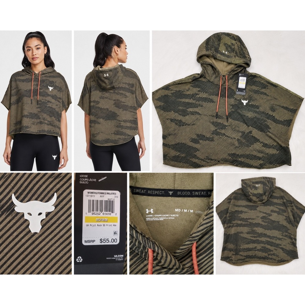 Under Armour Project Rock Womens Green Camo Short Sleeve Hoodie Size Medium